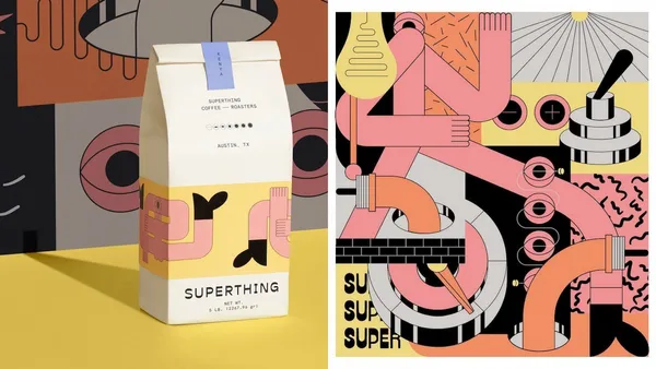 保持奇怪！美國咖啡品牌 Superthing 以誇張、超現實插畫風格，打造鮮明包裝設計