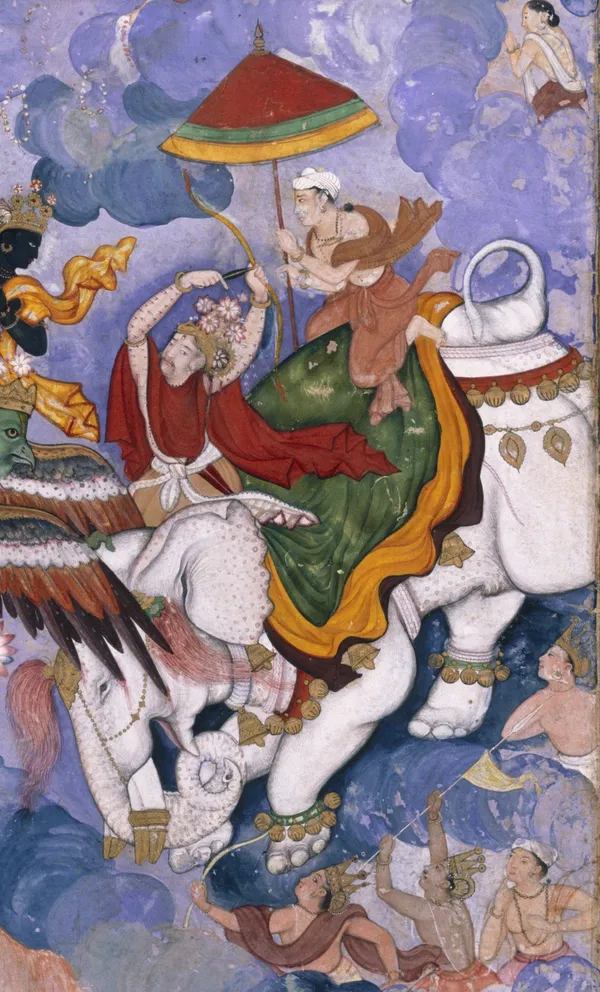 'Krishna and Indra', about 1590, Lahore, watercolo