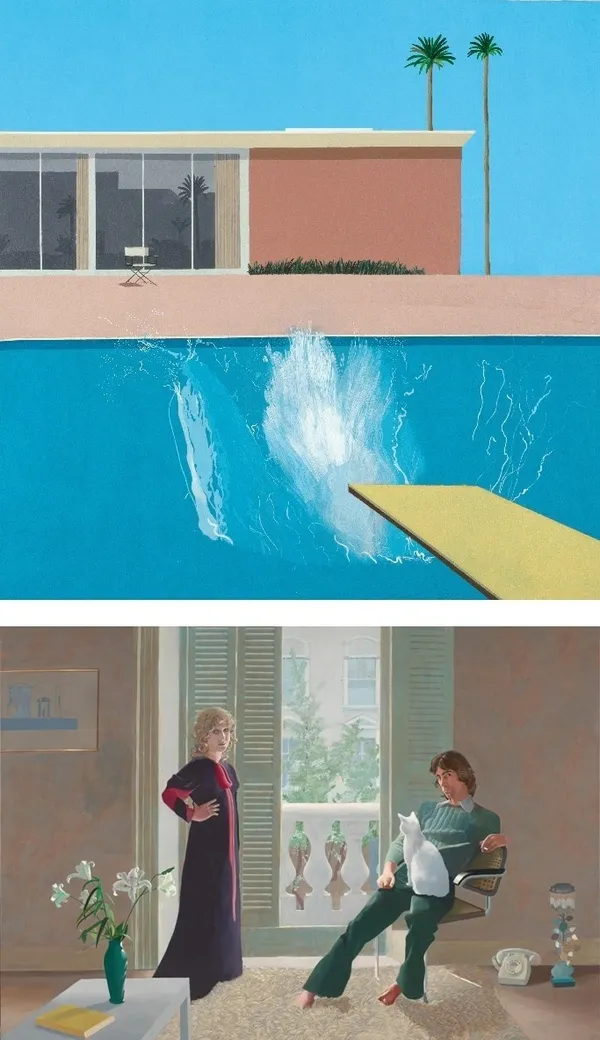David Hockney到美國後顏色變得豐富、明亮。上圖：1967《A Bigger Splash》。下圖：1970《Mr. and Mrs. Clark and Percy》