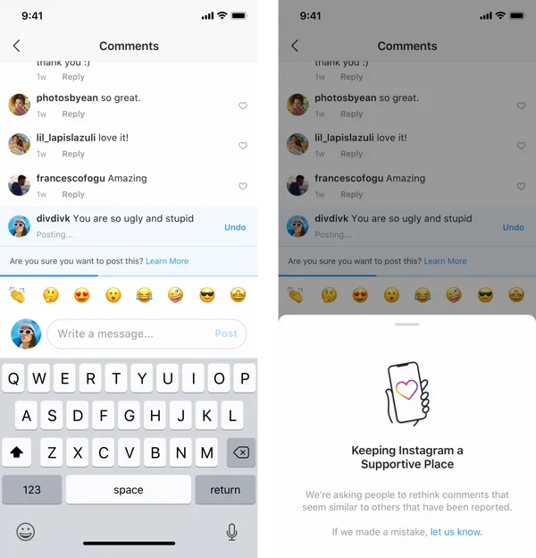 Instagram comment warning