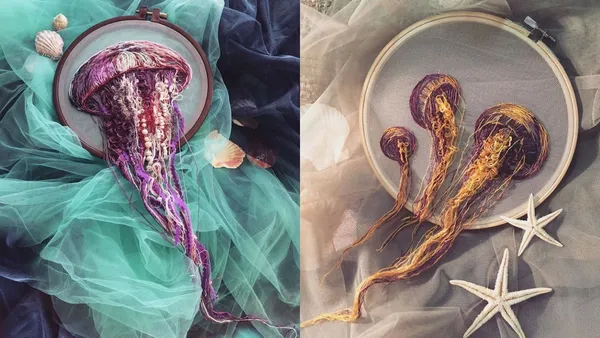 恍如夢境的水母刺繡！結合刺繡、針氈、串珠技法，展現水母的自在悠然