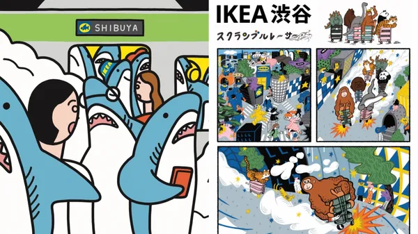 絨毛鯊魚擠電車、猩猩恐龍大亂鬥！IKEA澀谷店開幕，邀 3 位插畫家創作奇幻 5 格漫畫