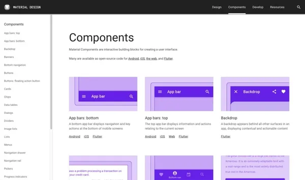 Google Material Design Guideline Components page.j