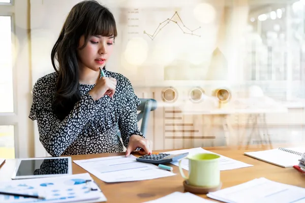 Happy beautiful asian woman working about financia