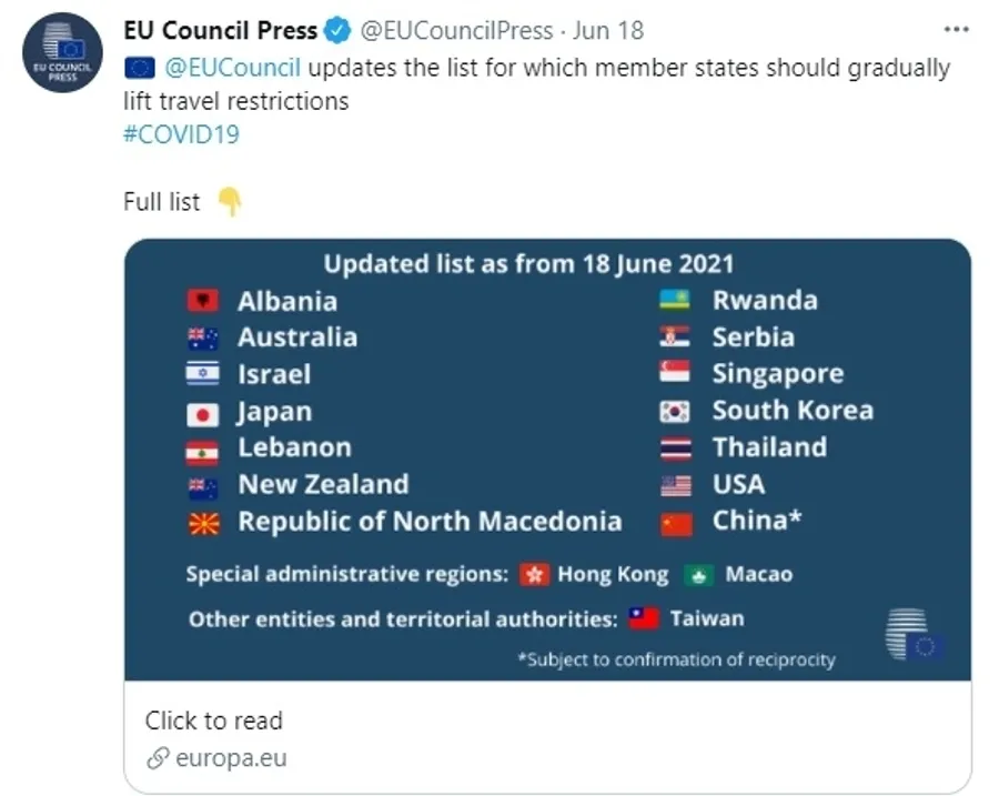 歐盟取消台灣旅遊限制！中華民國國旗現身官方推特、泰國120天後國境解封
