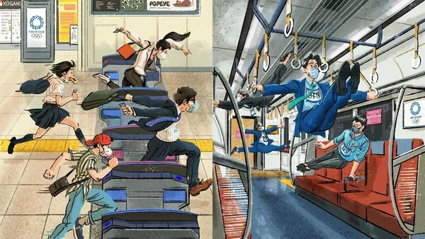 2021 東京奧運狂想插畫！地鐵閘機前衝線、車廂吊環體操動作，Adrian Hogan 將市民化身為奧運選手