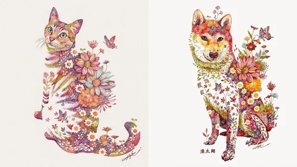 貓咪、柴犬融入花草蝴蝶！日本插畫家武田弘樹的筆下創作：各種動物幻化成奇幻水彩花園