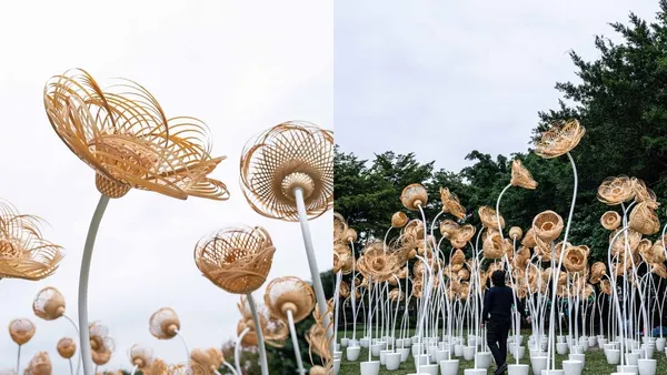竹編花團大安森林公園登場！以 6 萬片竹篾完成，「垂首的謝籃」向疫情中不懈的醫護警消致意