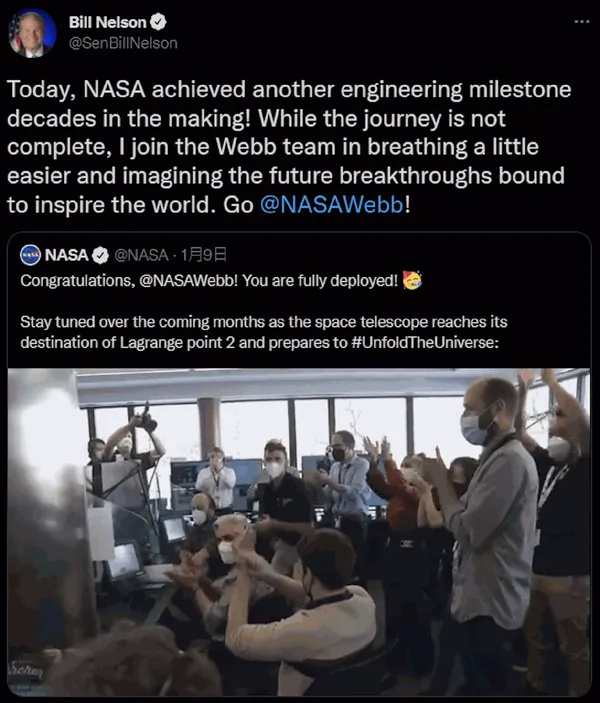 NASA署長尼爾森_Twitter發文_韋伯太空望遠鏡