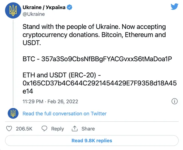 烏克蘭官方Twitter 放出加密貨幣捐贈地址