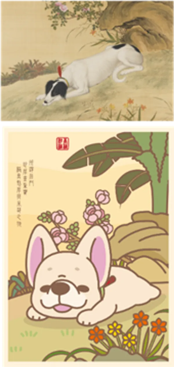 上為清郎世寧畫十駿犬驀空鵲、下為柯基犬椪椪與好朋友-法鬥.png