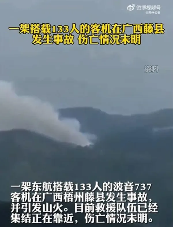 根據中國央視報導，一架波音737客機在廣西梧州藤縣墜落。
