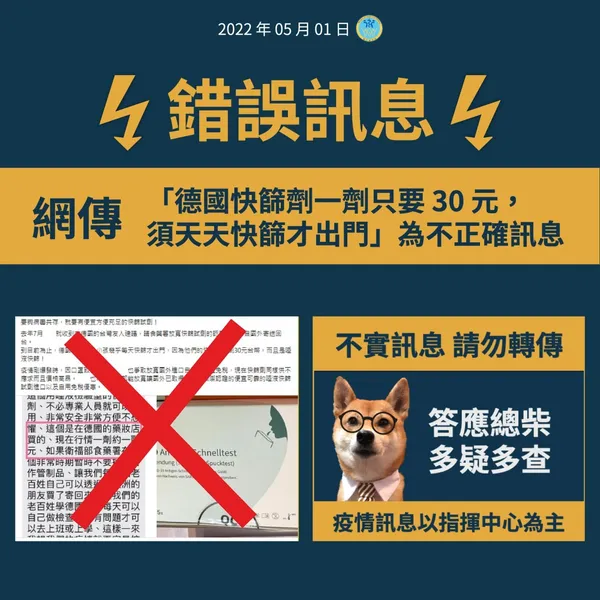 德國快篩劑一劑只要30元為假訊息