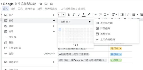 Google 文件預設的專案表格範本