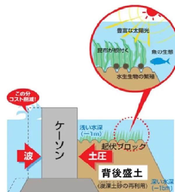 防波堤背後堆土藻場示意圖