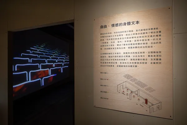 第二展間主題「自由、情感的身體文本」，藉由演出劇照及節目文字，重新解讀身體影像與文本摘引的相互關係。