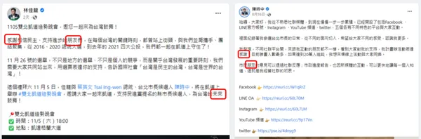 社群關鍵字前五名分析結果出自本屆所有民進黨參選人社群內容，圖片以林佳龍、陳時中 Facebook 貼