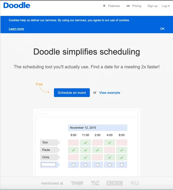 Doodle’s Official Website Home Page in 2015