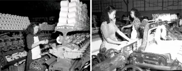 申一紡織廠內的女作業員工在倒筒機前作業