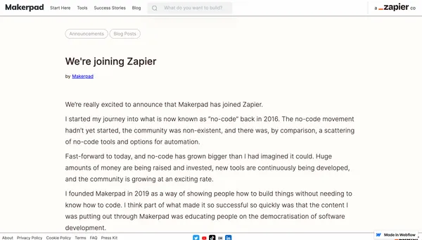 Makerpad公告被Zapier收購的訊息.png
