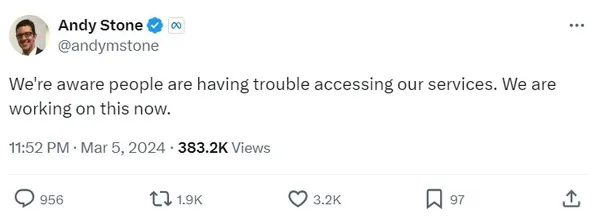 Meta深夜當機 發言人安迪史東