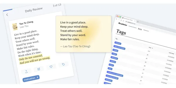 除了標籤化管理，Readwise 還能將筆記轉換成漂亮的引言模式 Flash Card 分享
