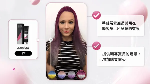 玩美移動的技術，可讓消費者即時比對各種粉底液，上妝前與上妝後對膚色的影響