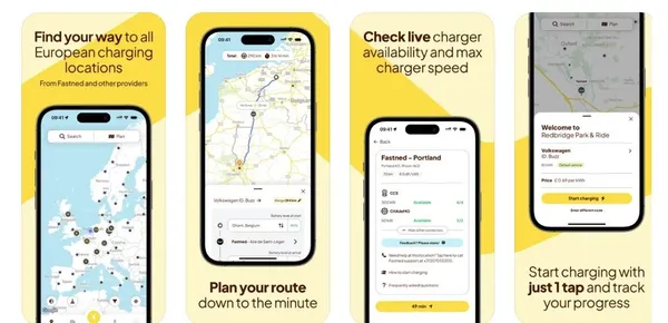Fastned 快充充電APP結合地圖、導航、充電樁即時查詢、充電進度等設計