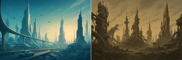 對比「a futuristic city」（左圖）與「a ruined futuristic cit