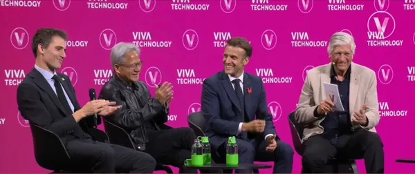 Mistral AI創辦人Arthur Mensch、NVIDIA創辦人黃仁勳和法國總統馬克宏對談