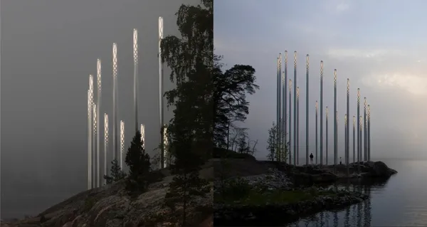 Olafur Eliasson 芬蘭首座公共藝術！「長日光館」融合天體幾何學，24 根鋼柱化身海岸燈塔
