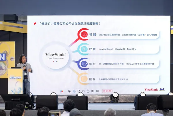 連育仁於未來商務展演講中分享ViewSonic如何透過「一個智慧生態系」策略協助企業數位轉型。.j