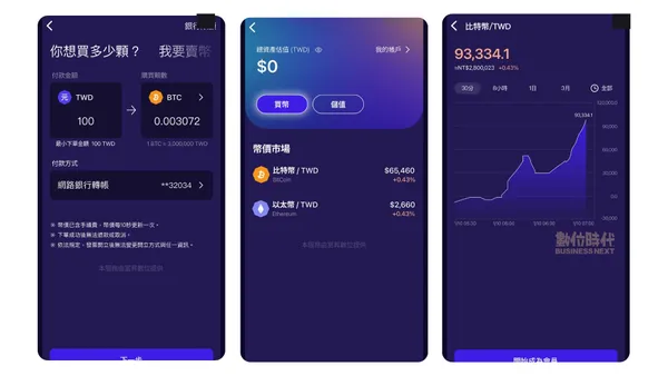 台灣大虛擬資產交易所App使用介面