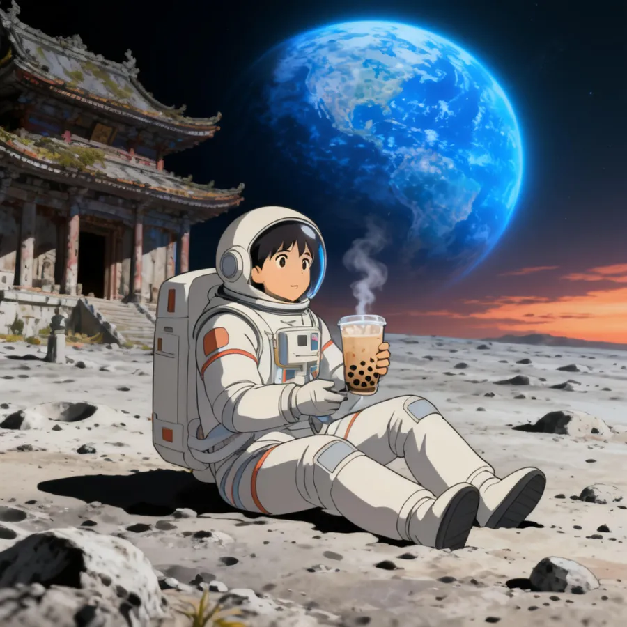 seedream-4_一位穿著賽博龐克風格服飾的太空人,坐在月.jpeg