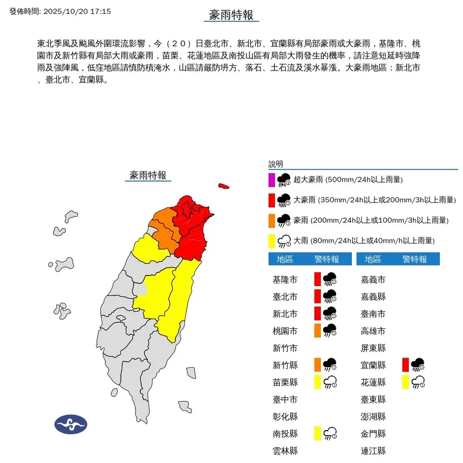 暴雨狂炸！北北基正常上課、文化大學等校改遠距教學！10/21停班課資訊一次看