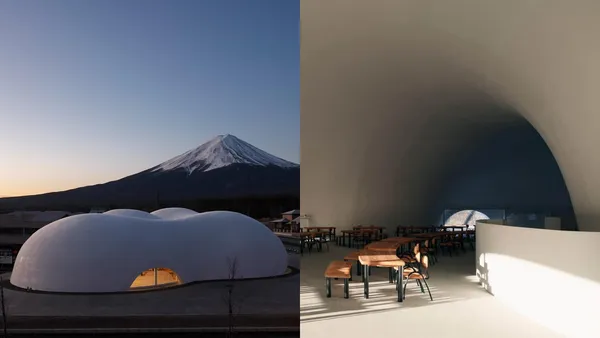 富士山腳下的一朵雲！保坂猛打造河口湖「不動茶屋東戀路店」：無樑、無空調的純白洞穴建築
