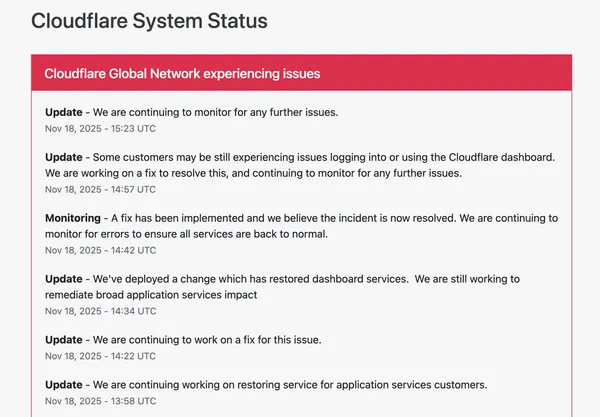 Cloudflare故障時間表