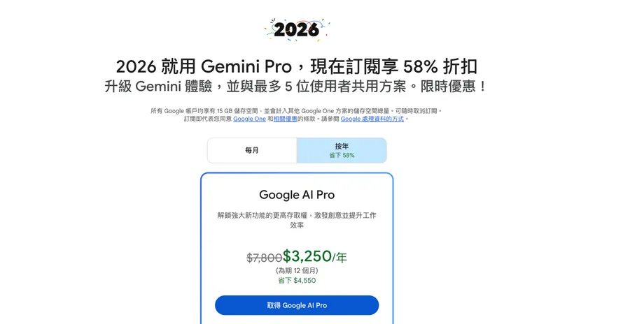 Google AI Pro 年末大促！年費方案42折一年3,250元：哪些權益有感升級，誰可以閉眼刷下去？