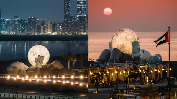 巨型 KAWS 橫躺阿布達比海岸線！《KAWS：HOLIDAY》 世界巡迴展，32 公尺 COMPANION 懷抱發光新月