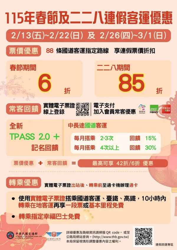 115 年春節及二二八連假客運優惠
