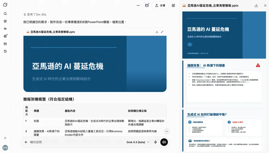 Grok 4.3 Beta簡報生成教學！4步驟產出可編輯PPT，免費版搭Gamma也能做