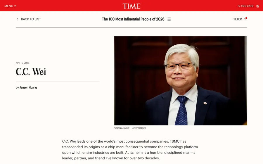 魏哲家入選《時代》百大影響力人物！黃仁勳親寫推薦文：台積電讓輝達AI超級電腦成為可能