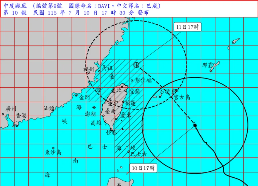13縣市警戒，越晚風雨越大！巴威颱風最新路徑、暴風圈侵襲機率、停班停課標準一次看