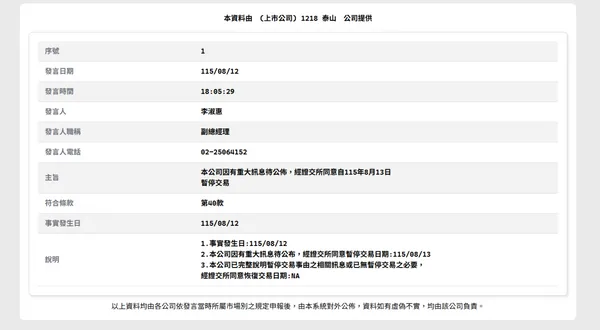  毒油風波未平？泰山突暫停 13 日交易，重大訊息待董事會後公布