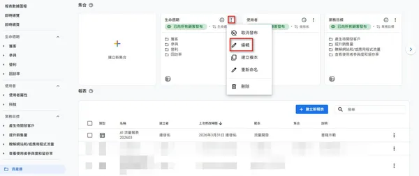 在GA4 資產庫編輯「生命週期」集合