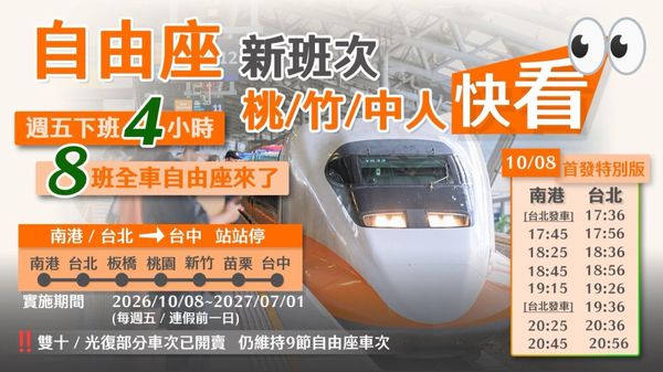  高鐵新制上路！10/8 起每週五加開 8 班全車自由座，國慶疏運 23 班擴大自由座
