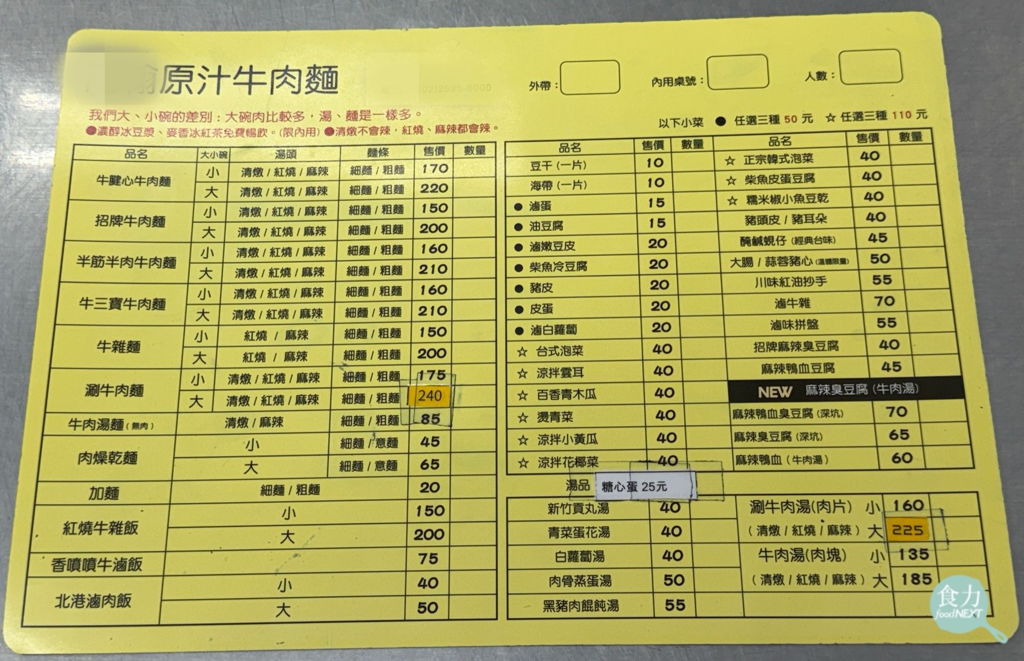 《食力》走訪3家不同店名的牛肉麵店,菜單從餐點品項、表格編排到提醒文字都高度相似,僅價格與部分品項有所差異。(林玉婷攝)