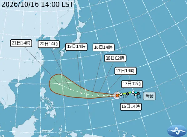 薔琵颱風路徑潛勢預測（16日14時）