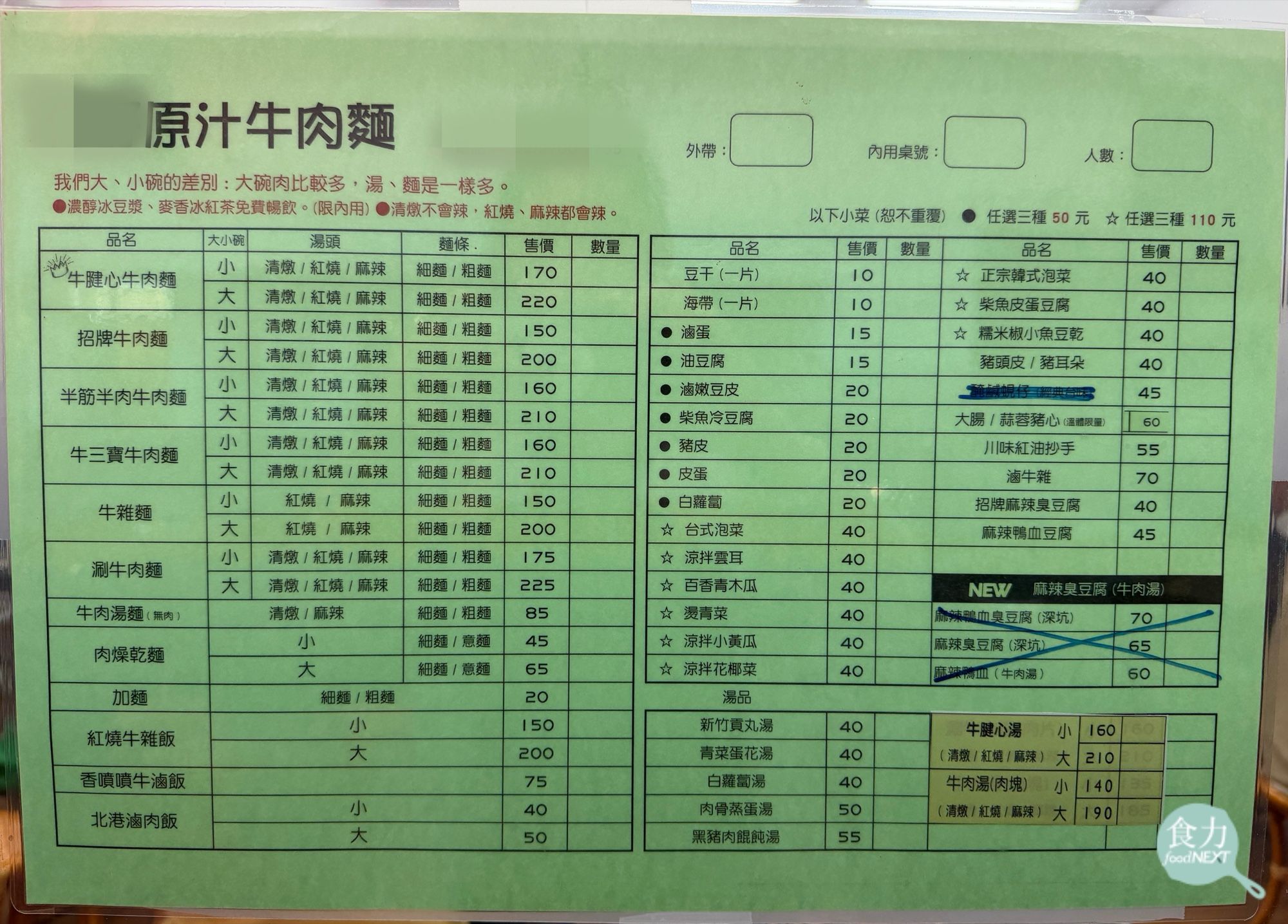 《食力》走訪3家不同店名的牛肉麵店,菜單從餐點品項、表格編排到提醒文字都高度相似,僅價格與部分品項有所差異。(林玉婷攝)