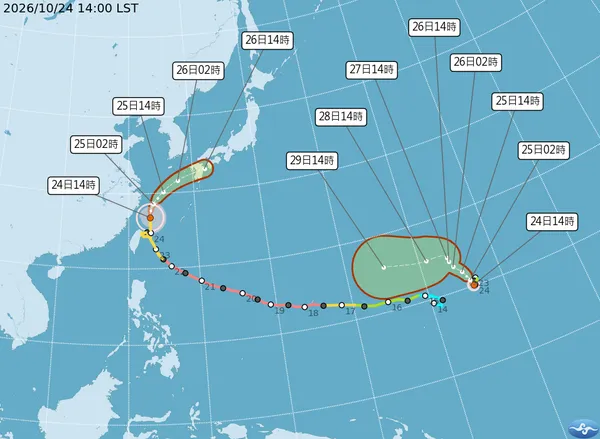 薔琵、煙花颱風路徑潛勢預測圖（2026/10/24 14:00）